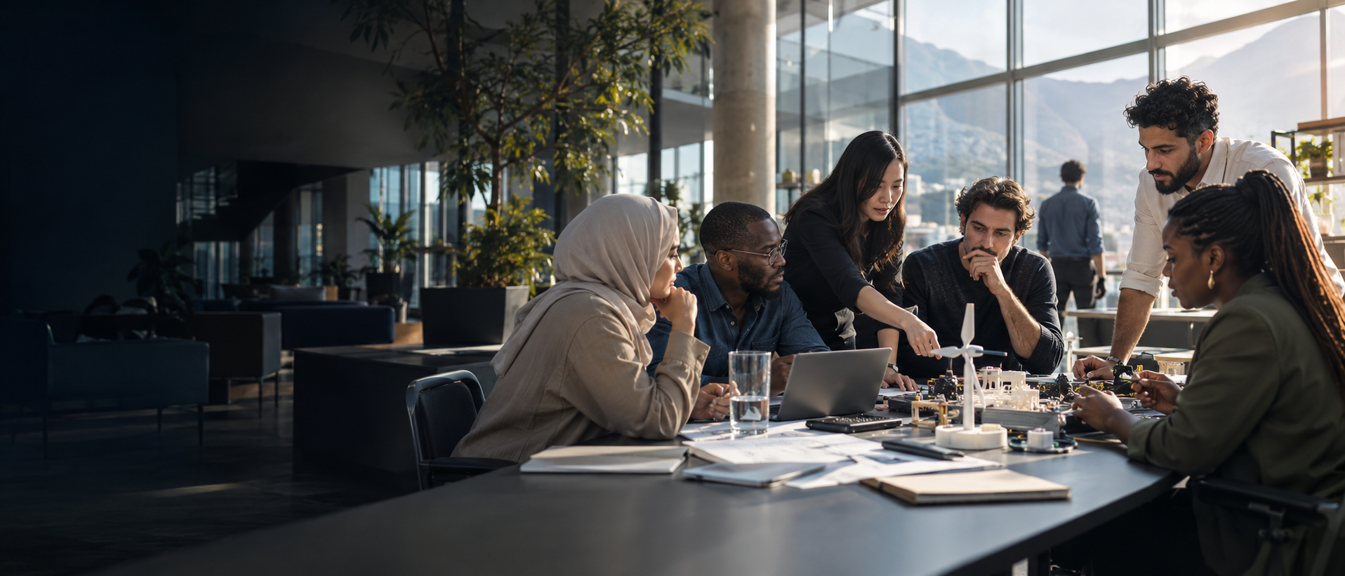 A diverse team of innovators collaborating inside a modern innovation hub
